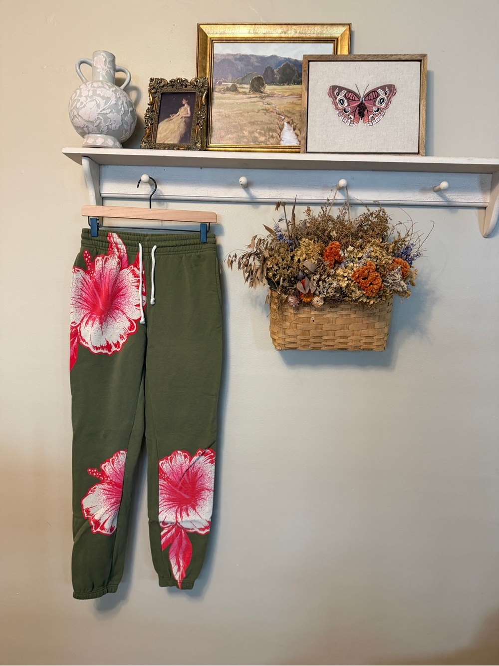 Urban Outfitters Olive Green Track Pants with Pink Floral Print